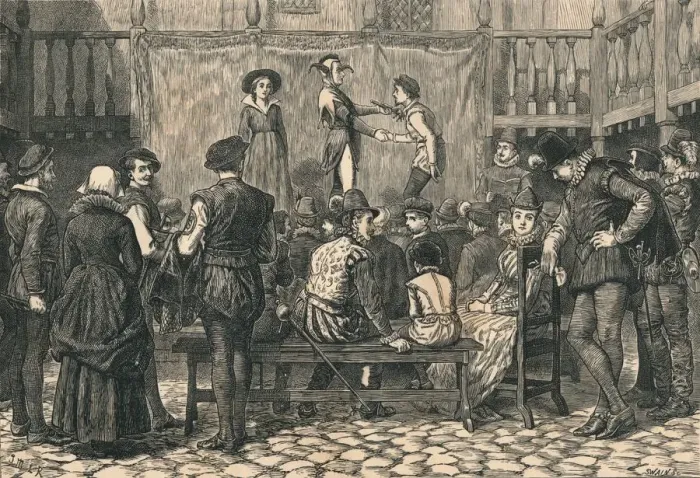 Framed Print : A Play in a London Inn Yard, In the Time of Queen Elizabeth, c1873. Creator: Swain Framed Print : A Play in a London Inn Yard, In the Time of Queen Elizabeth, c1873. Creator: Swain