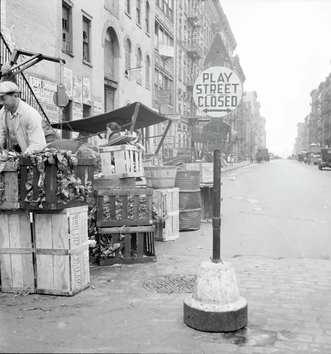 Framed Print : Play street for children, Sixth Street and Avenue C, New York City, 1936. Creator: Dorothea Lange Framed Print : Play street for children, Sixth Street and Avenue C, New York City, 1936. Creator: Dorothea Lange