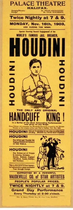 Framed Print : Playbill for appearance by Houdini at Palace Theatre, Halifax, pub. 1903 (lithograph) Framed Print : Playbill for appearance by Houdini at Palace Theatre, Halifax, pub. 1903 (lithograph)