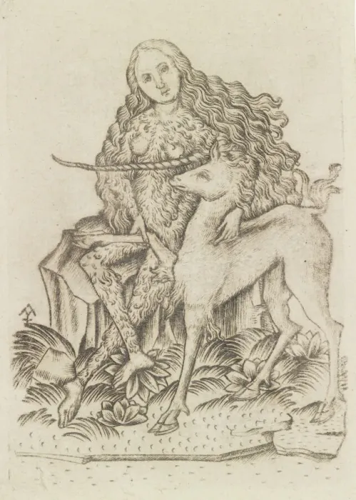 Framed Print : Playing Card, with Wild Woman and Unicorn, 15th century. Creator: Master ES Framed Print : Playing Card, with Wild Woman and Unicorn, 15th century. Creator: Master ES