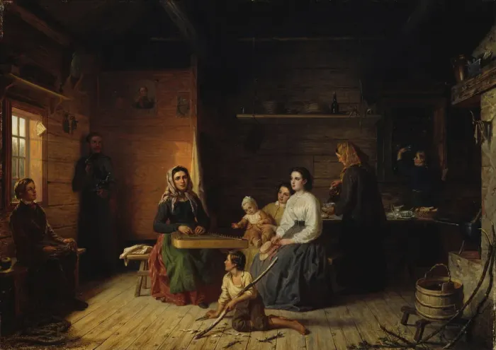 Framed Print : Playing the Kantele in a Peasant Cottage, 1868. Creator: Ekman, Robert Wilhelm (1808-1873) Framed Print : Playing the Kantele in a Peasant Cottage, 1868. Creator: Ekman, Robert Wilhelm (1808-1873)