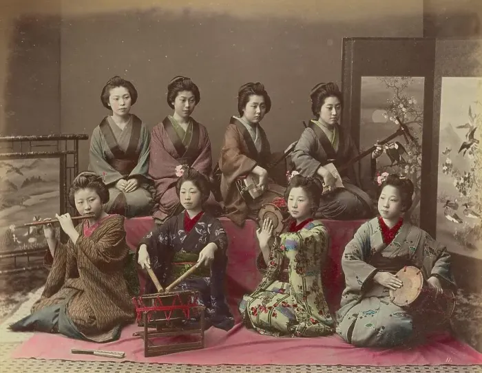Framed Print : Playing Samisen, Tsudzumi, Fuye and Taiko, 1870s-1890s. Creator: Kusakabe Kimbei Framed Print : Playing Samisen, Tsudzumi, Fuye and Taiko, 1870s-1890s. Creator: Kusakabe Kimbei