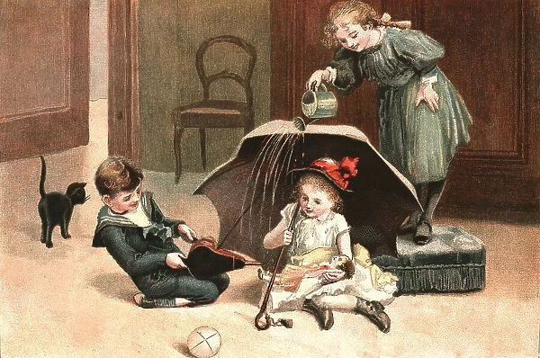 'Playtime in the Nursery; 'Just like a Real Wet Day', 1890. Creator: Alice Mary Morgan. 'Playtime in the Nursery; 'Just like a Real Wet Day', 1890. Creator: Alice Mary Morgan