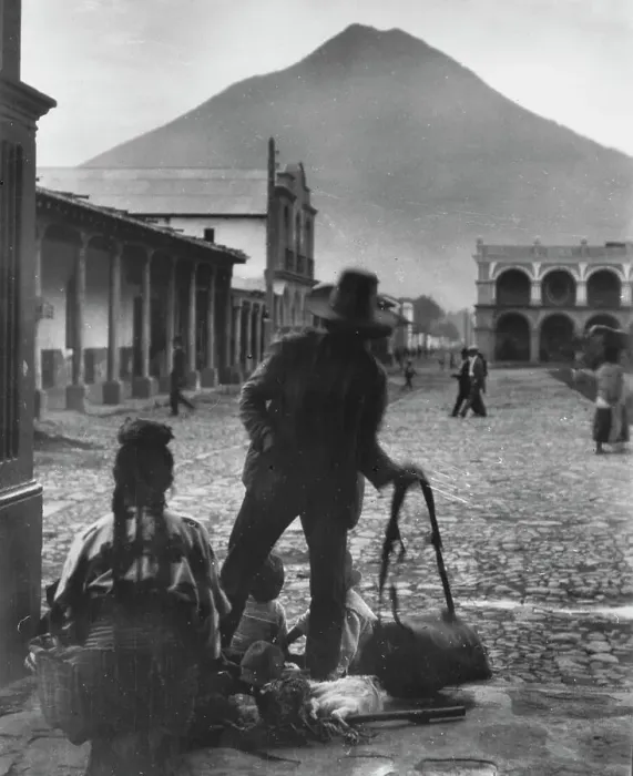 Framed Print : Plaza and volcano of Antigua, Guatemala, between 1899 and 1926. Creator: Arnold Genthe
