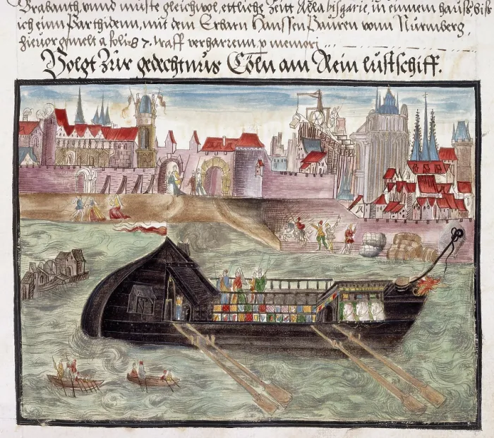 Framed Print : A pleasure boat on the River Rhine at Cologne, 1560-1632. Creator: Unknown Framed Print : A pleasure boat on the River Rhine at Cologne, 1560-1632. Creator: Unknown