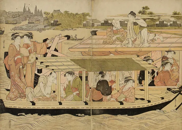 Framed Print : Pleasure Boats on the Sumida River, c. 1792. Creator: Hosoda Eishi Framed Print : Pleasure Boats on the Sumida River, c. 1792. Creator: Hosoda Eishi