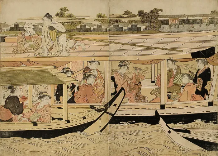 Framed Print : Pleasure Boats on the Sumida River, c. 1792. Creator: Hosoda Eishi Framed Print : Pleasure Boats on the Sumida River, c. 1792. Creator: Hosoda Eishi