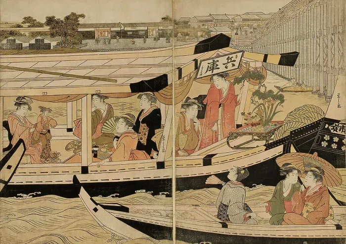 Framed Print : Pleasure Boats on the Sumida River, c. 1792. Creator: Hosoda Eishi Framed Print : Pleasure Boats on the Sumida River, c. 1792. Creator: Hosoda Eishi