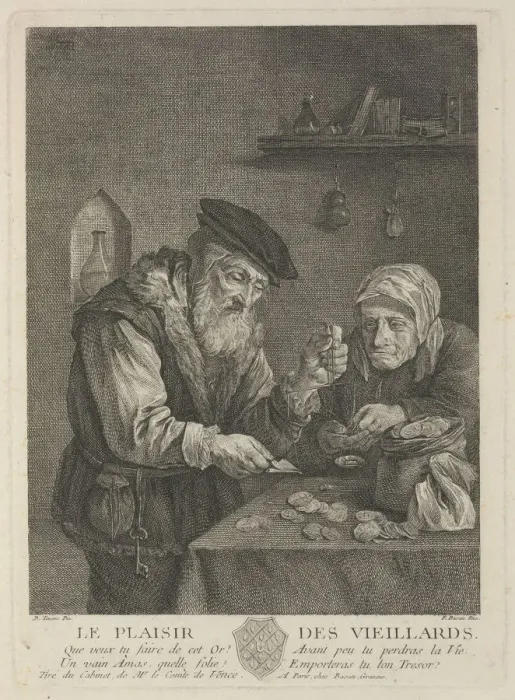 Framed Print : Pleasures of Old Age (after the painting by David Teniers the Younger), Mid of the 18th cen Artist: Basan, Pierre-Francois (1723-1797) Framed Print : Pleasures of Old Age (after the painting by David Teniers the Younger), Mid of the 18th cen Artist: Basan, Pierre-Francois (1723-1797)