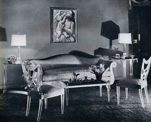 Plexiglas furniture in a 1940s interior, 1941