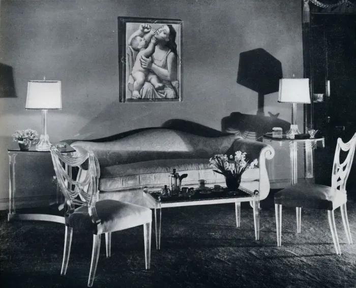 Framed Print : Plexiglas furniture in a 1940s interior, 1941 Framed Print : Plexiglas furniture in a 1940s interior, 1941