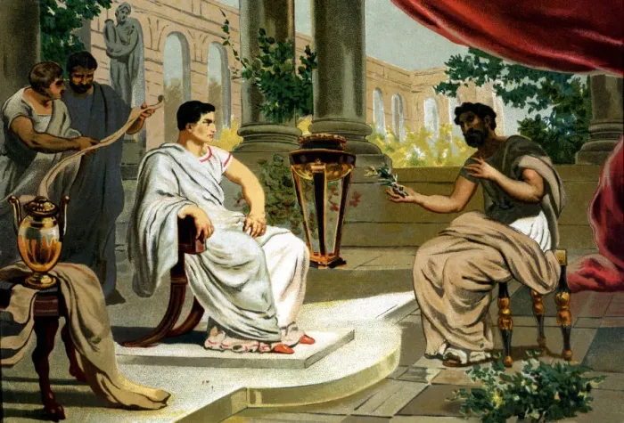 Framed Print : Pliny the Old. (23-79), Latin erudite and writer, in audience with the emperor Vespasian