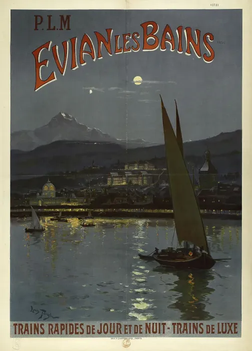 Framed Print : P.L.M. Evian les Bains. Trains rapides de jour et de nuit. Trains de luxe, 1908. Creator: Tauzin, Louis (1842-1915) Framed Print : P.L.M. Evian les Bains. Trains rapides de jour et de nuit. Trains de luxe, 1908. Creator: Tauzin, Louis (1842-1915)