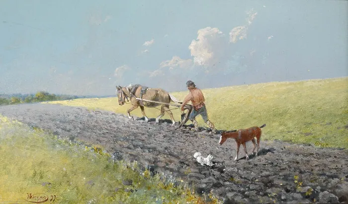 Framed Print : Ploughing the Field, 1899. Artist: Karasin, Nikolai Nikolayevich (1842-1908) Framed Print : Ploughing the Field, 1899. Artist: Karasin, Nikolai Nikolayevich (1842-1908)