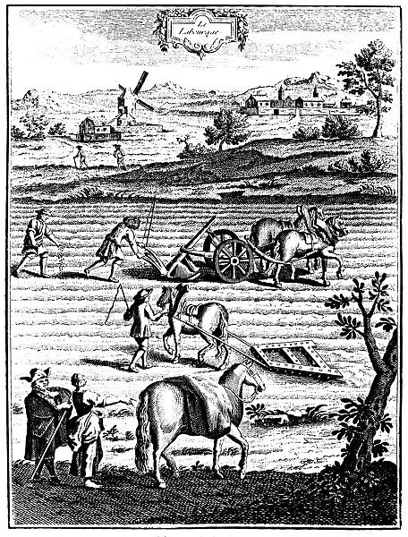 Ploughing and harrowing with horses and sowing seed broadcast, 1762