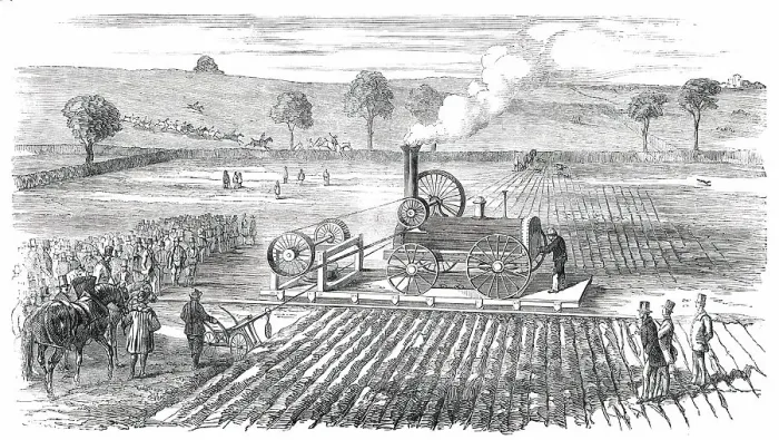 Framed Print : Ploughing by Steam - Trial at Grimsthorpe, by Lord Willoughby d'Eresby, 1850. Creator: Unknown Framed Print : Ploughing by Steam - Trial at Grimsthorpe, by Lord Willoughby d'Eresby, 1850. Creator: Unknown