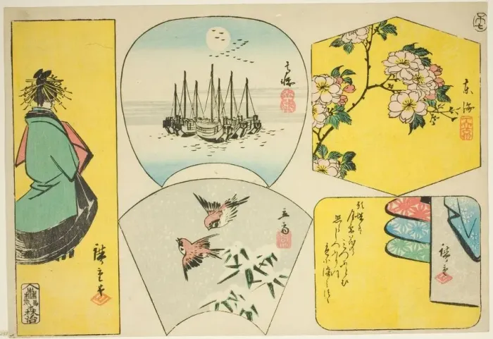 Framed Print : Plum branch, Susaki, courtesan, sparrows, and clothes behind screen, 1858. Creator: Ando Hiroshige Framed Print : Plum branch, Susaki, courtesan, sparrows, and clothes behind screen, 1858. Creator: Ando Hiroshige