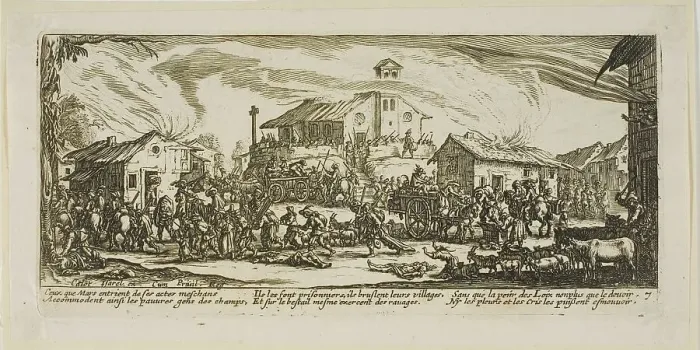 Framed Print : Plundering and Burning a Village, plate seven from The Large Miseries of War, n.d. Creator: Gerard van Schagen Framed Print : Plundering and Burning a Village, plate seven from The Large Miseries of War, n.d. Creator: Gerard van Schagen
