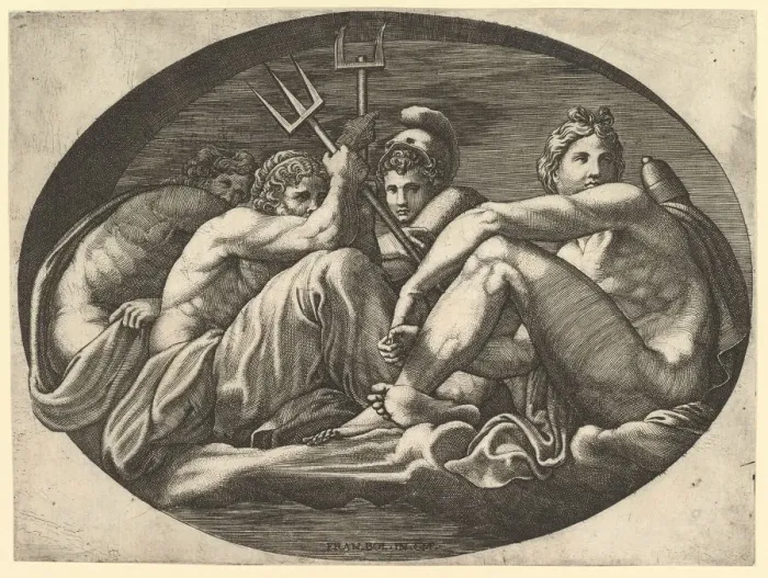 Framed Print : Pluto, Neptune, Minerva and Apollo, from a series of eight compositions after Francesco P Framed Print : Pluto, Neptune, Minerva and Apollo, from a series of eight compositions after Francesco P