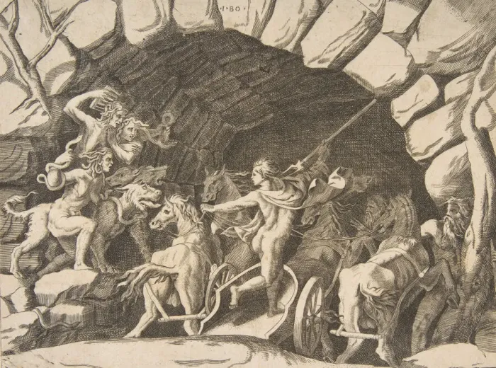 Framed Print : Pluto riding a chariot descending into Hell, from the Division of the Universe, 1531-76 Framed Print : Pluto riding a chariot descending into Hell, from the Division of the Universe, 1531-76