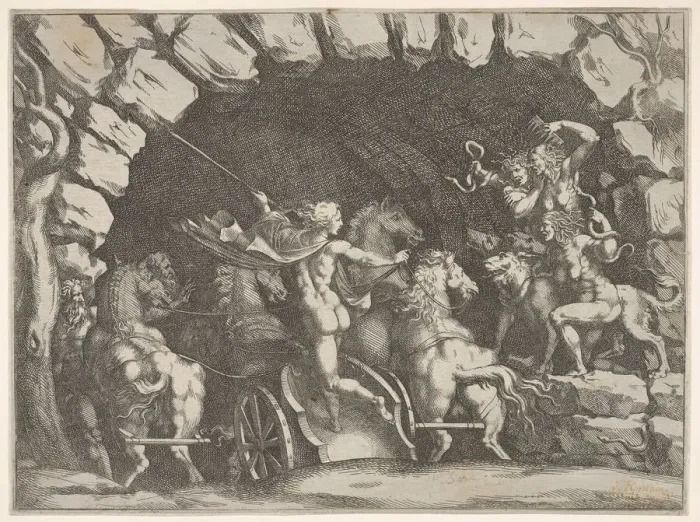 Framed Print : Pluto, seen from behind, entering the Underwold on his chairot, Cereberus and three Fu Framed Print : Pluto, seen from behind, entering the Underwold on his chairot, Cereberus and three Fu
