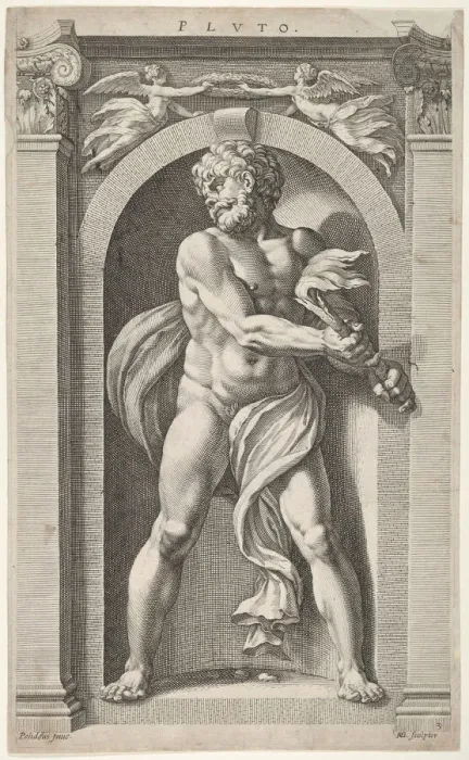 Framed Print : Pluto; on verso sketches of a figure, four heads, and a column, 1592 Framed Print : Pluto; on verso sketches of a figure, four heads, and a column, 1592