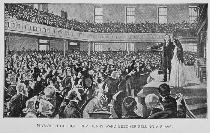 Framed Print : Plymouth Church. Rev. Henry Ward Beecher selling a slave, 1897. Creator: Unknown Framed Print : Plymouth Church. Rev. Henry Ward Beecher selling a slave, 1897. Creator: Unknown