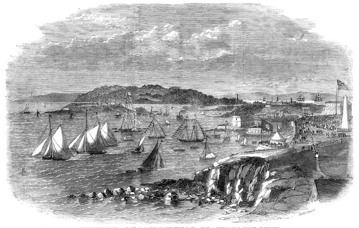 Framed Print : Plymouth Regatta - start of yachts in the first race - froma sketch by J. Offord, Plymouth, 1860. Creator: Smyth Framed Print : Plymouth Regatta - start of yachts in the first race - froma sketch by J. Offord, Plymouth, 1860. Creator: Smyth