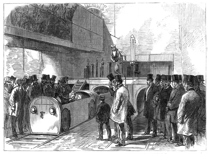 Framed Print : The Pneumatic Despatch Tube: the Holborn end of the Tube on the opening day, 1865. Creator: Unknown Framed Print : The Pneumatic Despatch Tube: the Holborn end of the Tube on the opening day, 1865. Creator: Unknown