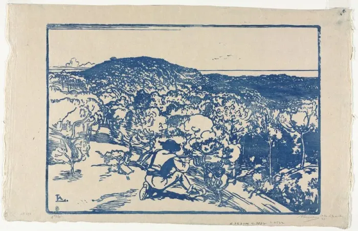 Framed Print : The Poacher, Dunes of Saint Jean de Mont, 1901. Creator: Auguste Louis Lepere (French Framed Print : The Poacher, Dunes of Saint Jean de Mont, 1901. Creator: Auguste Louis Lepere (French