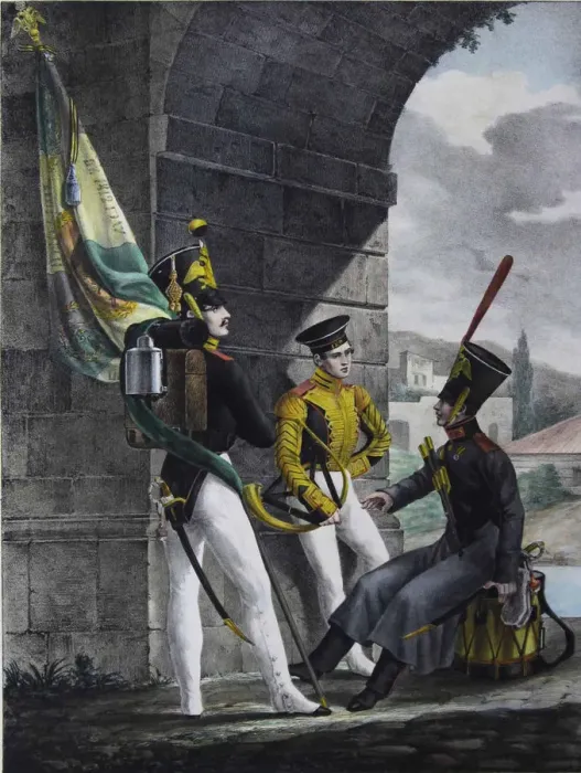 Framed Print : Podpraporshchik, Drummer and Hornist of the Finliandsky Guard Regiment, 1829. Artist: Belousov, Lev Alexandrovich (1806-1864) Framed Print : Podpraporshchik, Drummer and Hornist of the Finliandsky Guard Regiment, 1829. Artist: Belousov, Lev Alexandrovich (1806-1864)