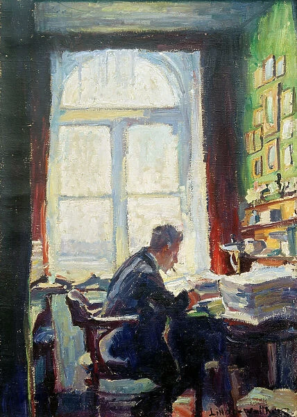 The poet Caesar Flaischlen at the desk, 1912. Creator: Linde-Walther, Heinrich Eduard (1868-1939)