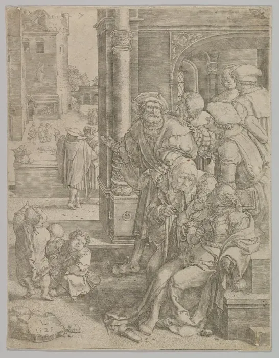 Framed Print : Poet Virgil Suspended in a Basket, 1525. Creator: Lucas van Leyden Framed Print : Poet Virgil Suspended in a Basket, 1525. Creator: Lucas van Leyden