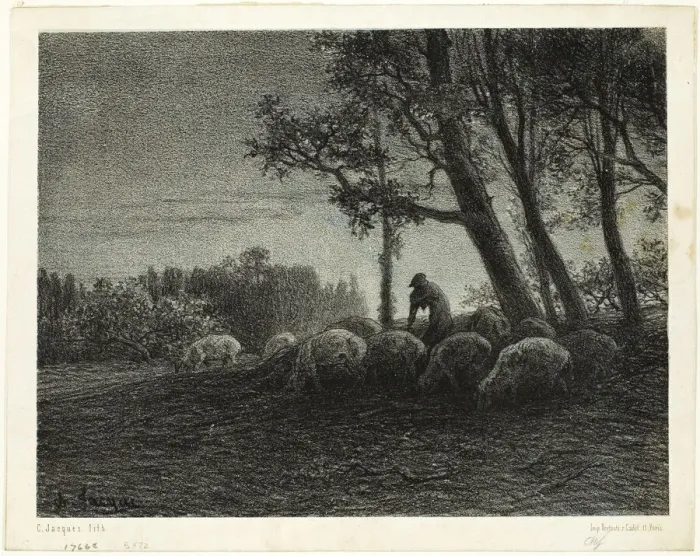 Framed Print : Poetic Twilight, c. 1853. Creator: Charles Emile Jacque Framed Print : Poetic Twilight, c. 1853. Creator: Charles Emile Jacque