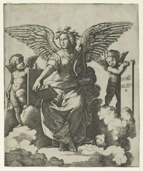 Framed Print : Poetry personified as a winged woman, ca. 1515. Creator: Marcantonio Raimondi Framed Print : Poetry personified as a winged woman, ca. 1515. Creator: Marcantonio Raimondi