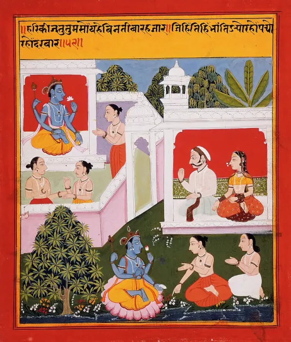 Framed Print : The Poet's Prayer to Krishna, Folio illustrating the Satsaiya of Biharilal, between 1719 and 1720. Creator: Unknown Framed Print : The Poet's Prayer to Krishna, Folio illustrating the Satsaiya of Biharilal, between 1719 and 1720. Creator: Unknown