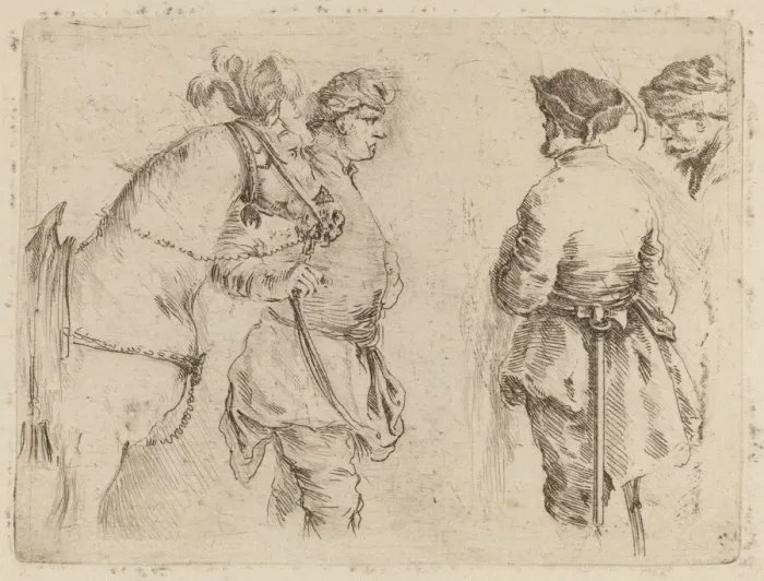 Framed Print : Pole Holding the Bridle of a Horse while Speaking with Two Other Men Framed Print : Pole Holding the Bridle of a Horse while Speaking with Two Other Men
