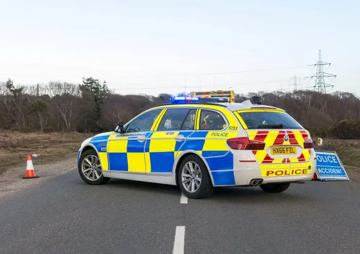 Framed Print : Police car and ambulance attending road traffic accident 2018. Creator: Unknown Framed Print : Police car and ambulance attending road traffic accident 2018. Creator: Unknown