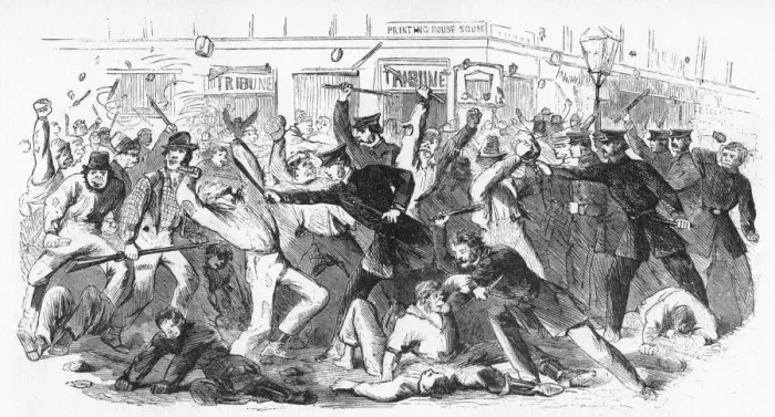 Framed Print : Police Charge Rioters At The Tribune Office, c1860s Framed Print : Police Charge Rioters At The Tribune Office, c1860s