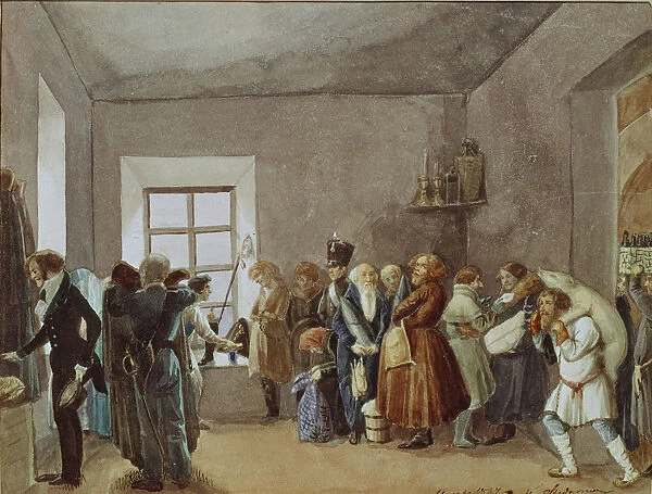 Police Commissarys Reception Room the Night Before a Holiday, 1837. Artist: Fedotov, Pavel Andreyevich (1815-1852)