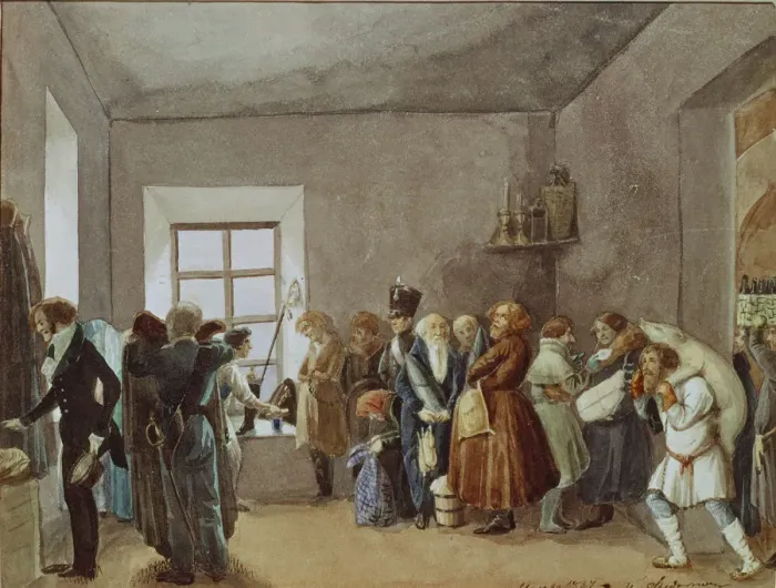 Framed Print : Police Commissarys Reception Room the Night Before a Holiday, 1837. Artist: Fedotov, Pavel Andreyevich (1815-1852) Framed Print : Police Commissarys Reception Room the Night Before a Holiday, 1837. Artist: Fedotov, Pavel Andreyevich (1815-1852)