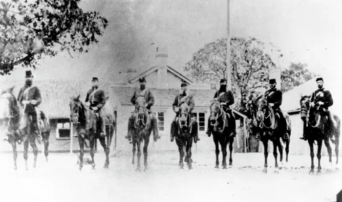 Framed Print : Police Commissioner and troopers outside Brisbane Police Headquarters 1868. Creator: Unknown Framed Print : Police Commissioner and troopers outside Brisbane Police Headquarters 1868. Creator: Unknown