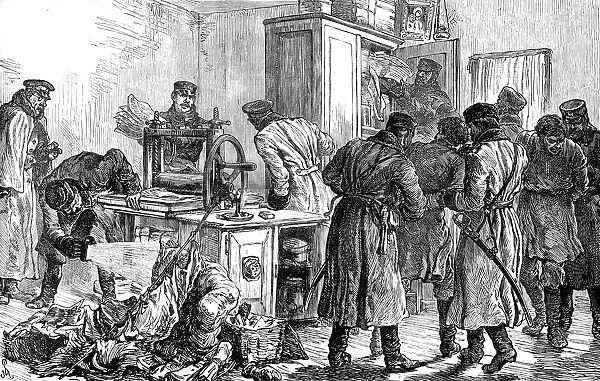 Police discovering a nihilist printing press, St Petersburg, Russia, 1887