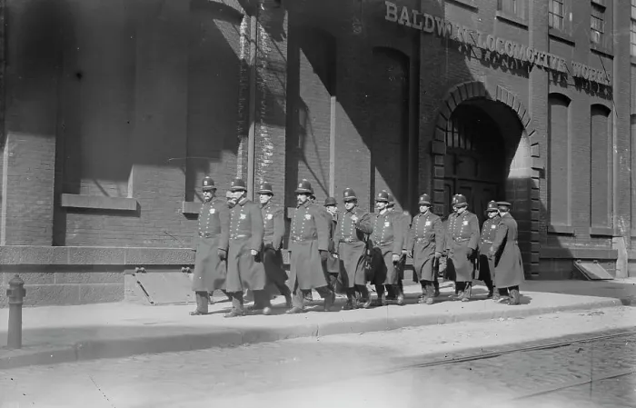 Framed Print : Police patrol marching outside Baldwin Locomotive Works, Philadelphia, 1910. Creator: Bain News Service Framed Print : Police patrol marching outside Baldwin Locomotive Works, Philadelphia, 1910. Creator: Bain News Service