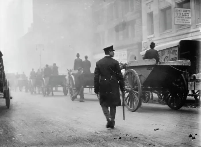 Framed Print : Police protecting garbage carts, 1911. Creator: Bain News Service Framed Print : Police protecting garbage carts, 1911. Creator: Bain News Service