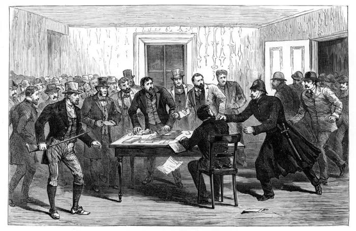 Framed Print : Police raid on the National Rent Offices at Loughrea, Ireland, 1887 Framed Print : Police raid on the National Rent Offices at Loughrea, Ireland, 1887