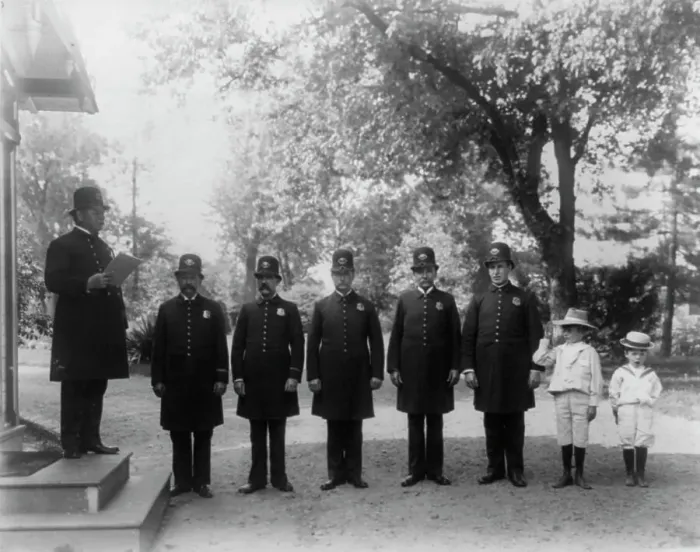 Framed Print : Police roll call inspection at the White House, 1902. Creator: Frances Benjamin Johnston. Police roll call inspection at the White House, 1902. Creator: Frances Benjamin Johnston Framed Print : Police roll call inspection at the White House, 1902. Creator: Frances Benjamin Johnston. Police roll call inspection at the White House, 1902. Creator: Frances Benjamin Johnston
