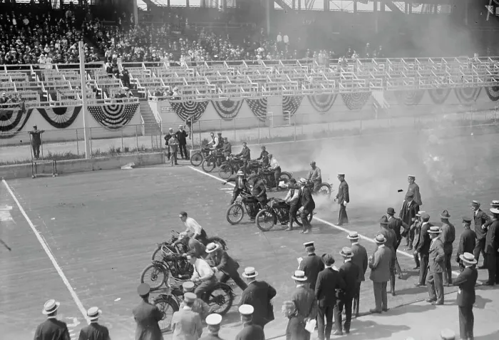 Framed Print : Police Show -- Start of motorcycle race, between c1915 and c1920. Creator: Bain News Service Framed Print : Police Show -- Start of motorcycle race, between c1915 and c1920. Creator: Bain News Service