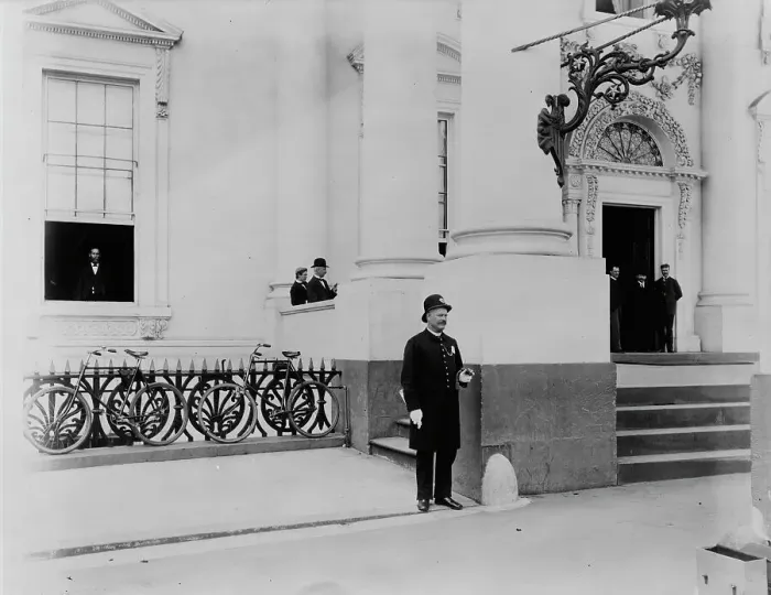 Framed Print : Policeman standing guard at entrance to White House, between 1889 and 1906. Creator: Frances Benjamin Johnston Framed Print : Policeman standing guard at entrance to White House, between 1889 and 1906. Creator: Frances Benjamin Johnston