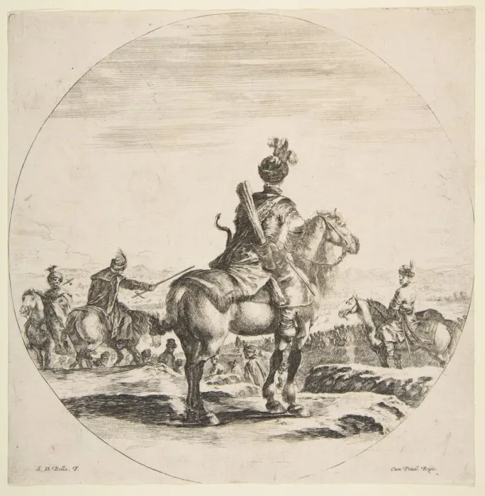 Framed Print : Polish horseman with a bow and arrow, seen from behind with his horse facing right, a Framed Print : Polish horseman with a bow and arrow, seen from behind with his horse facing right, a